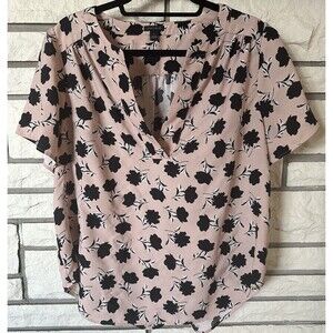 Ann Taylor Women's Floral Flowy Top V Neck Round Hem Pullover Pink Black Large